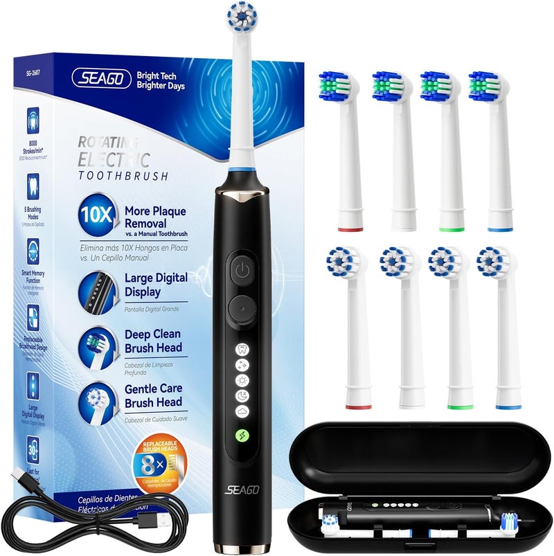 Seago Soft Round Electric Toothbrushes with 8 Spin Brush Heads, 5 Cleaning Modes, Rechargeable Sonic Toothbrush with Timer and Travel Case for Adults and Kids(SG-2607-Black - Image 1